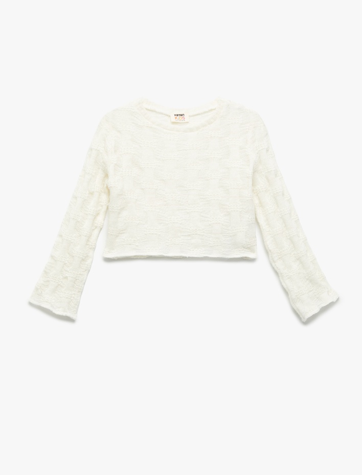 Kız Çocuk Uzun Kollu Bisiklet Yaka Dokulu Crop Sweatshirt