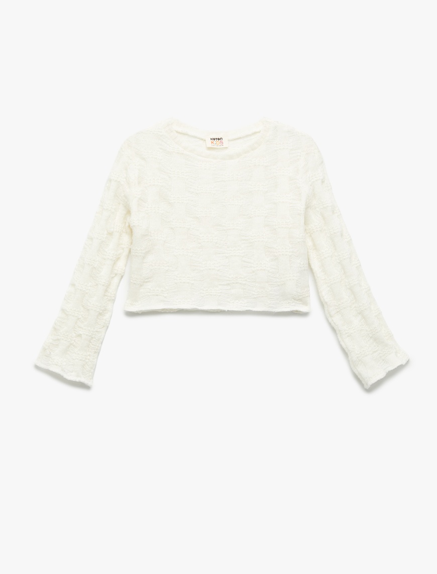  Kız Çocuk Uzun Kollu Bisiklet Yaka Dokulu Crop Sweatshirt