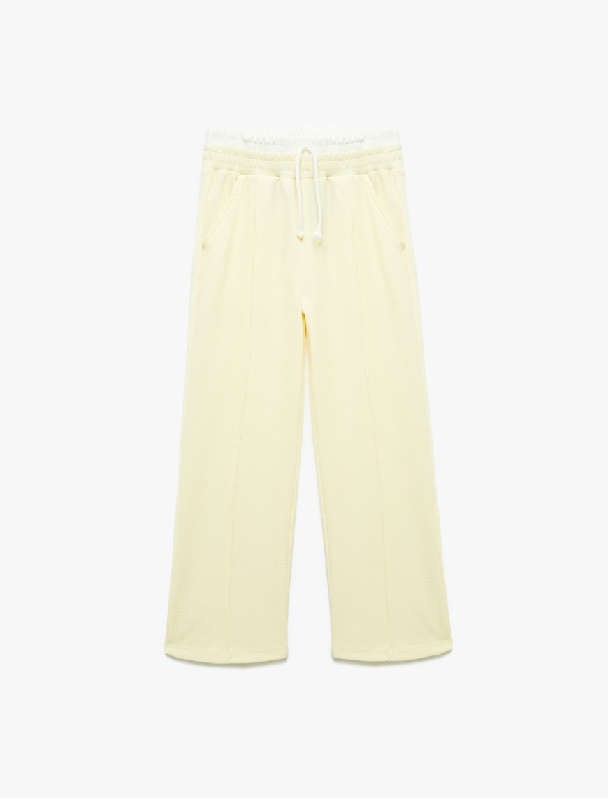  Kız Çocuk Beli Bağcıklı Bürümcük Kumaş Basic Geniş Paça Pantolon