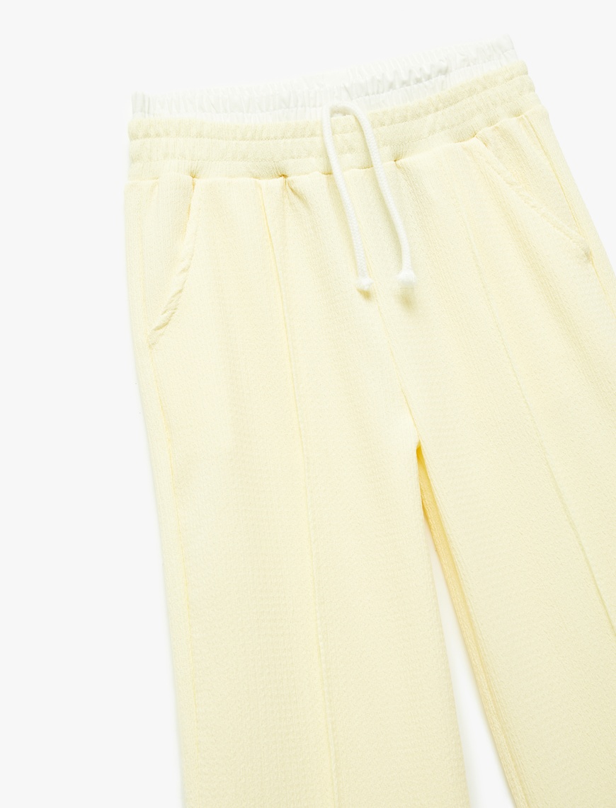  Kız Çocuk Beli Bağcıklı Bürümcük Kumaş Basic Geniş Paça Pantolon
