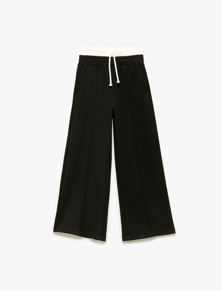 Kız Çocuk Beli Bağcıklı Bürümcük Kumaş Basic Geniş Paça Pantolon