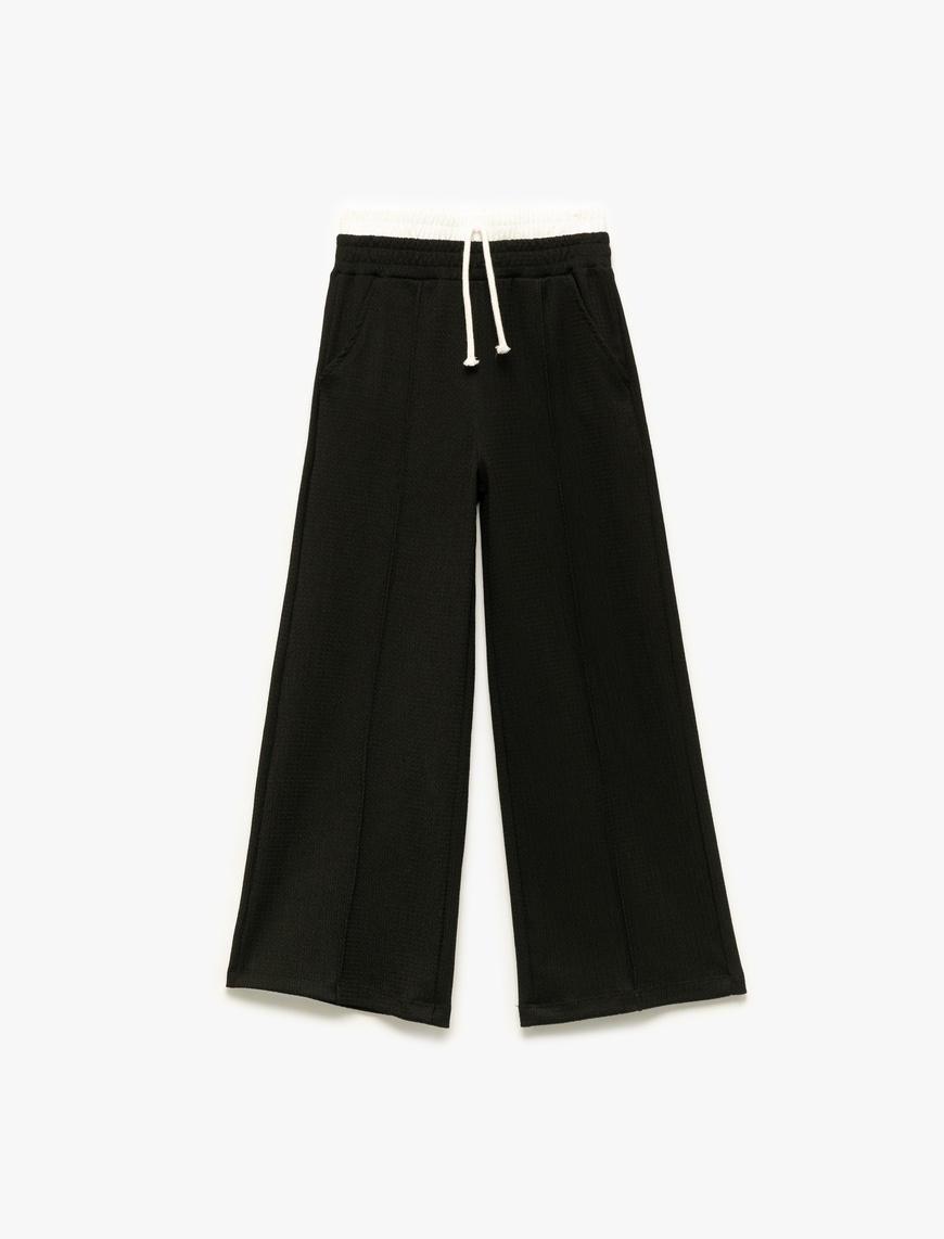  Kız Çocuk Beli Bağcıklı Bürümcük Kumaş Basic Geniş Paça Pantolon