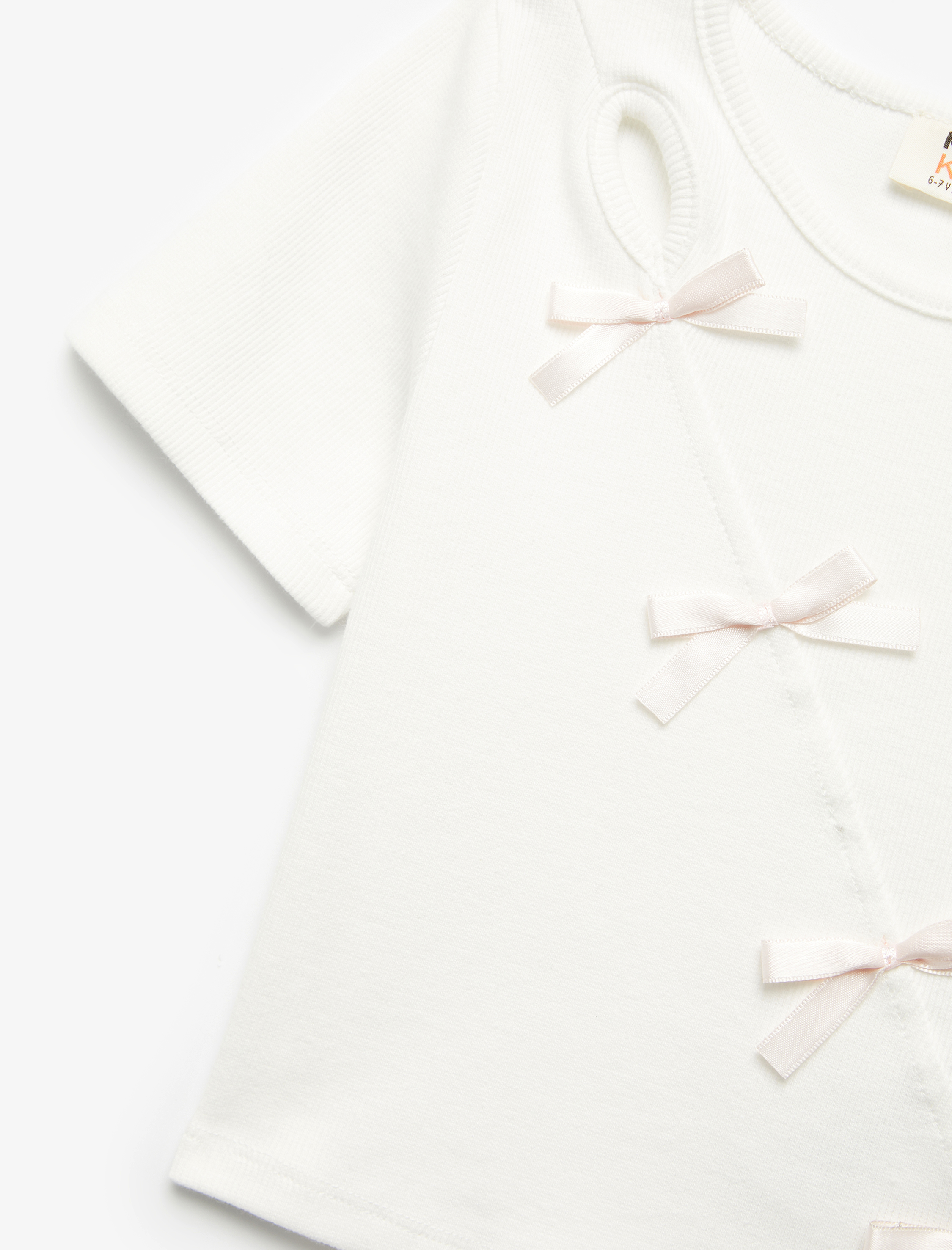  Kız Çocuk Fiyonk Detaylı Kısa Kollu Bisiklet Yaka Crop Tişört