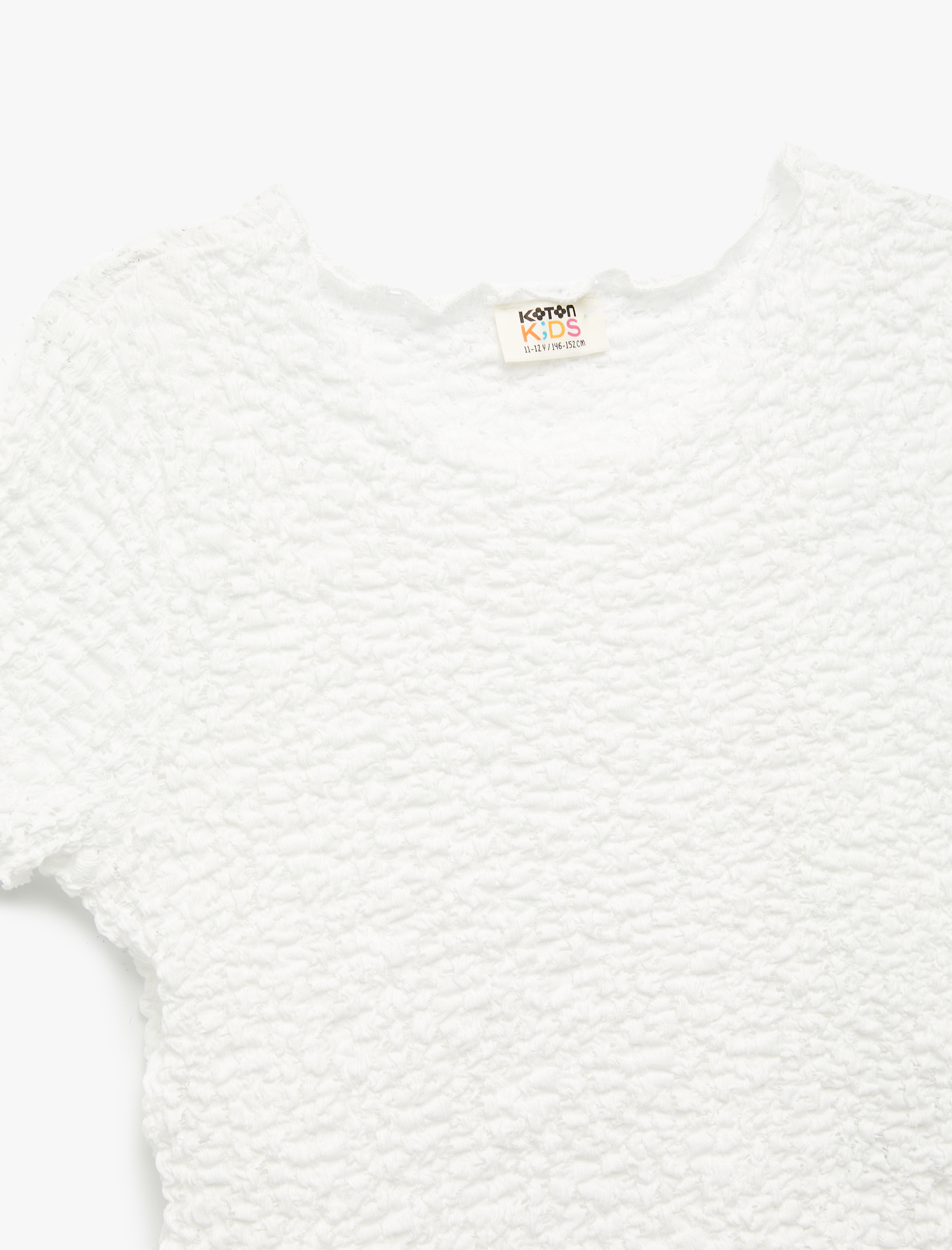  Kız Çocuk Bisiklet Yaka Kısa Kollu Dokulu Crop Tişört