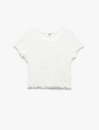 Bisiklet Yaka Kısa Kollu Dokulu Crop Tişört