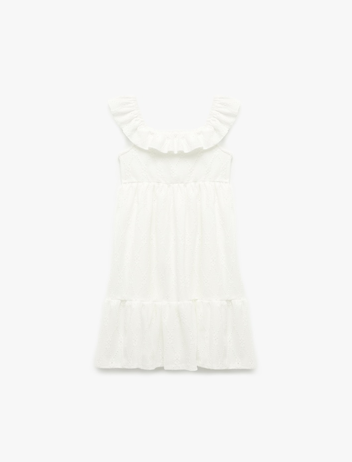 Kız Çocuk Fırfır Detaylı Yuvarlak Yaka A Kesim Katlı Kolsuz Elbise