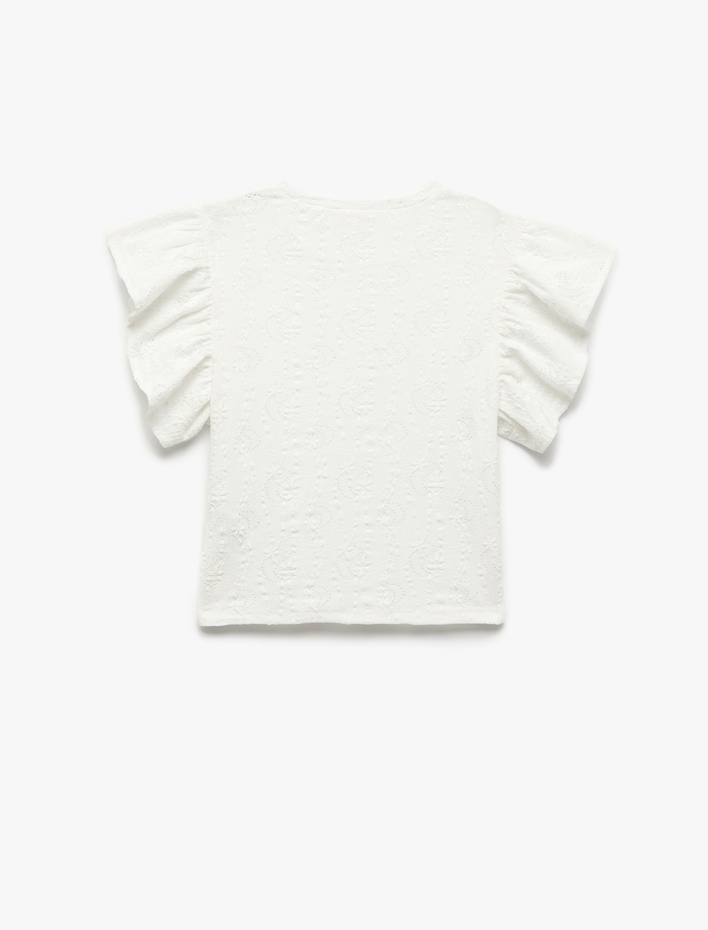 Kız Çocuk Fırfır Detaylı Bisiklet Yaka Kelebek Kollu Dokulu Bluz