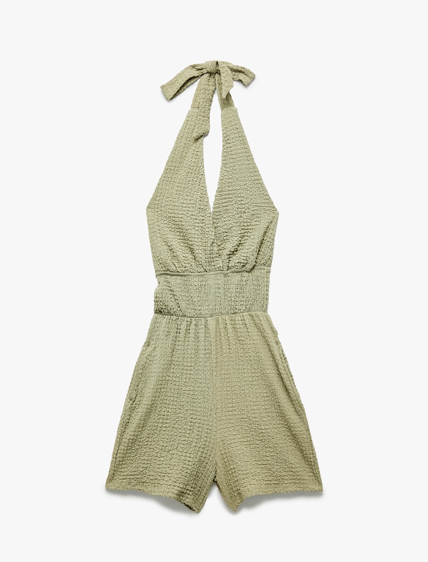   Gipeli Cepli Dokulu Kruvaze Halter Yaka Mini Şort Tulum