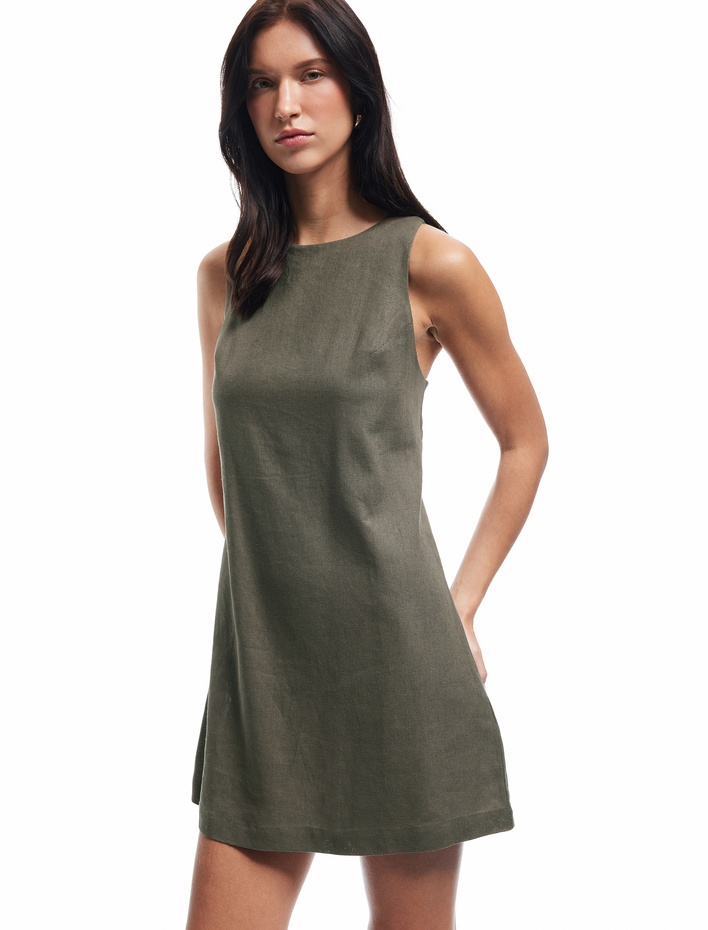  Bisiklet Yaka Arkası Pencere Detaylı A Kesim Kolsuz Mini Keten Elbise