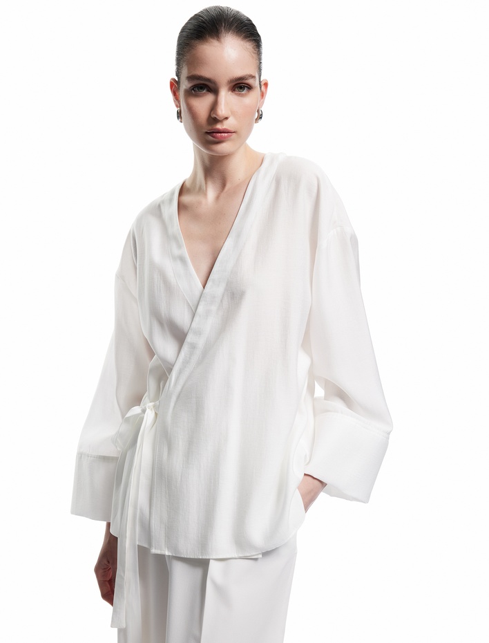  V Yaka 3/4 Geniş Kol Yandan Bağlama Detaylı Kimono