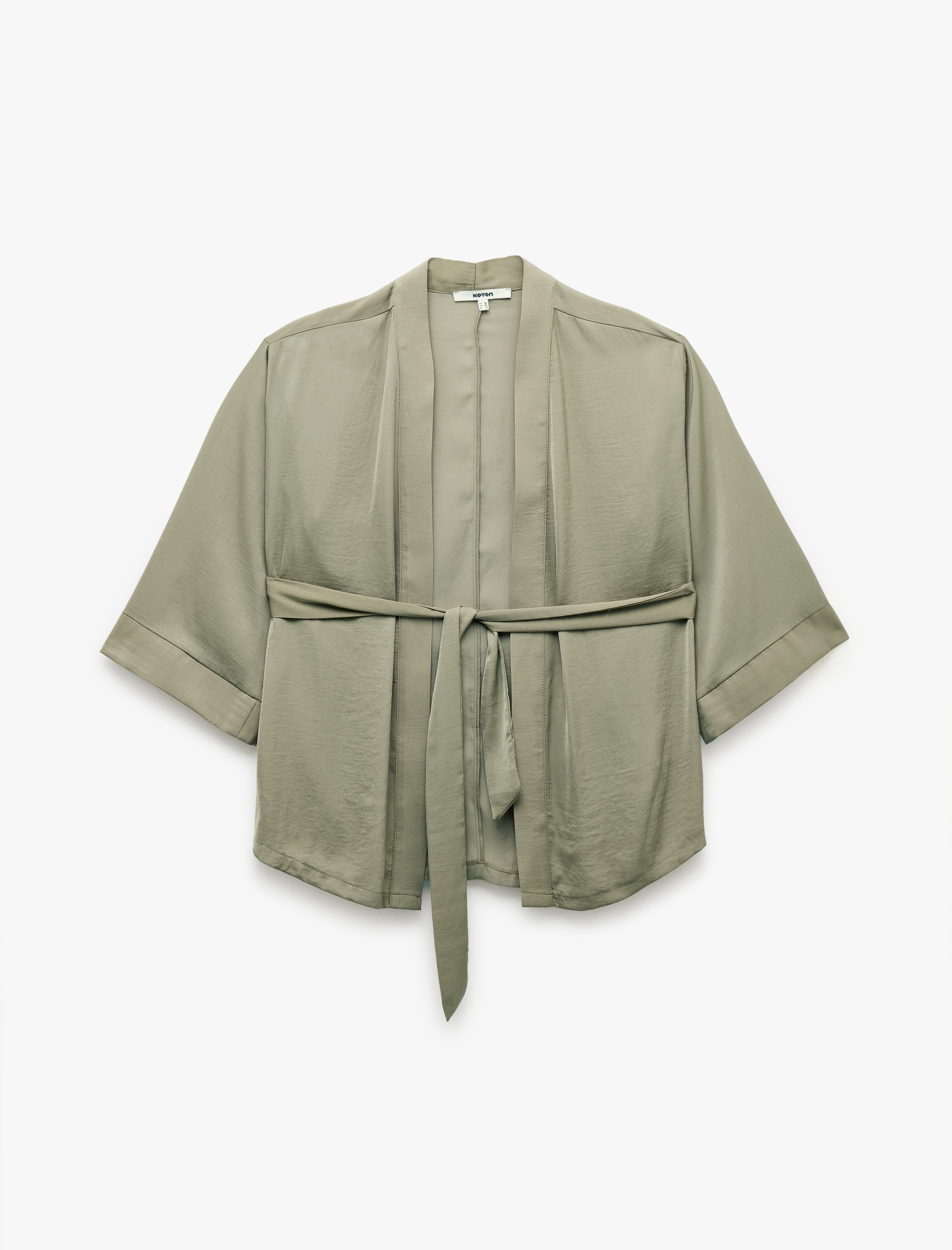   Aerobin Kumaş Kuşak Detaylı 3/4 Geniş Kollu Saten Kimono