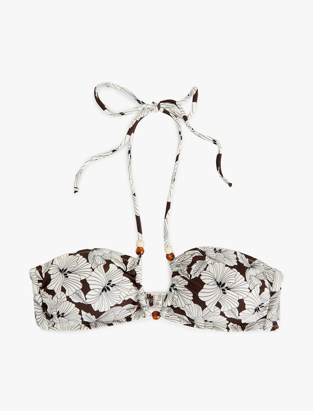 Boncuk Detaylı Çiçekli Straplez Bikini Üstü_0
