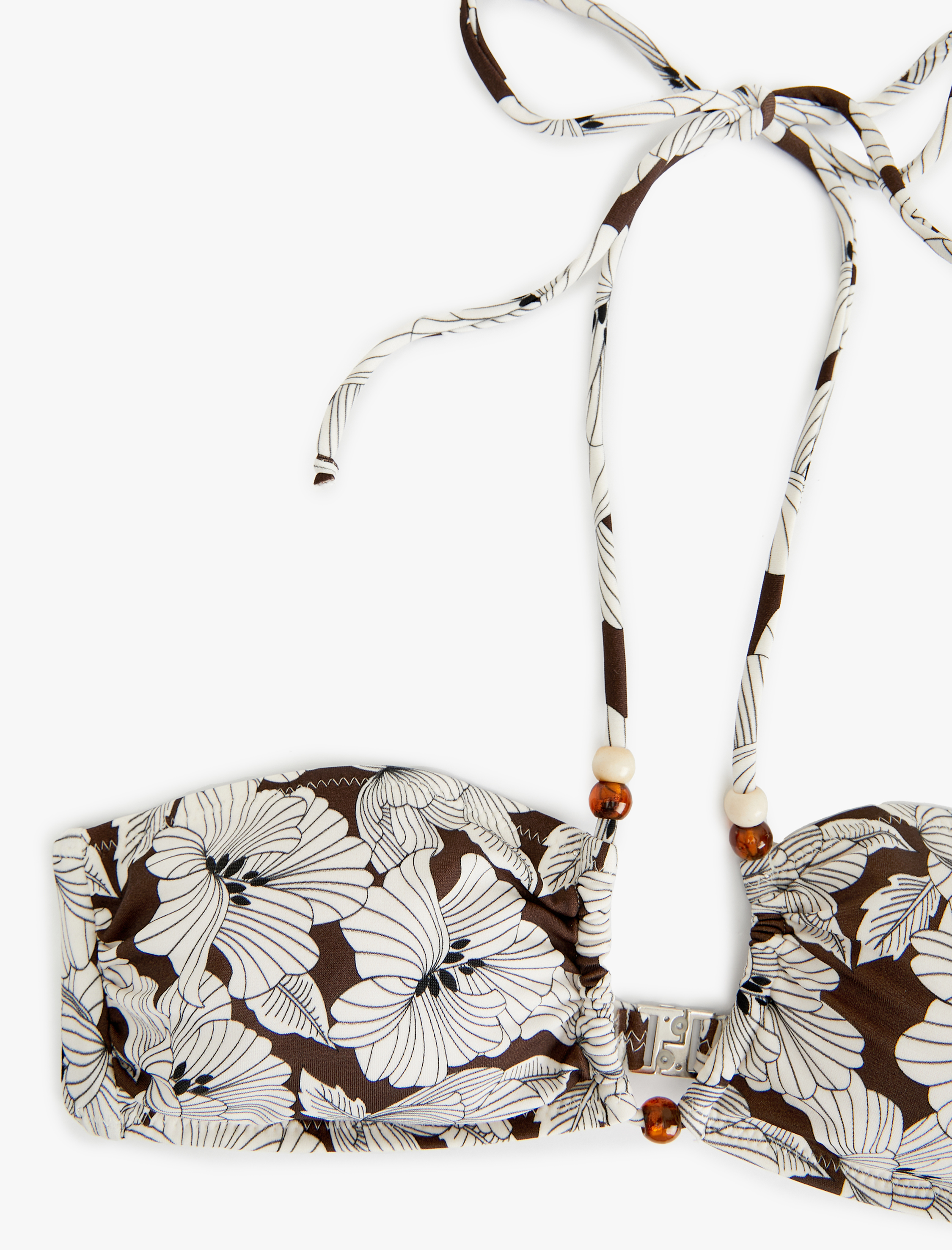 Boncuk Detaylı Çiçekli Straplez Bikini Üstü