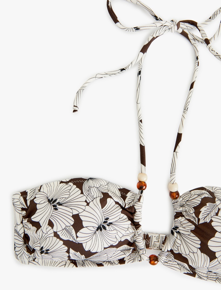  Boncuk Detaylı Çiçekli Straplez Bikini Üstü