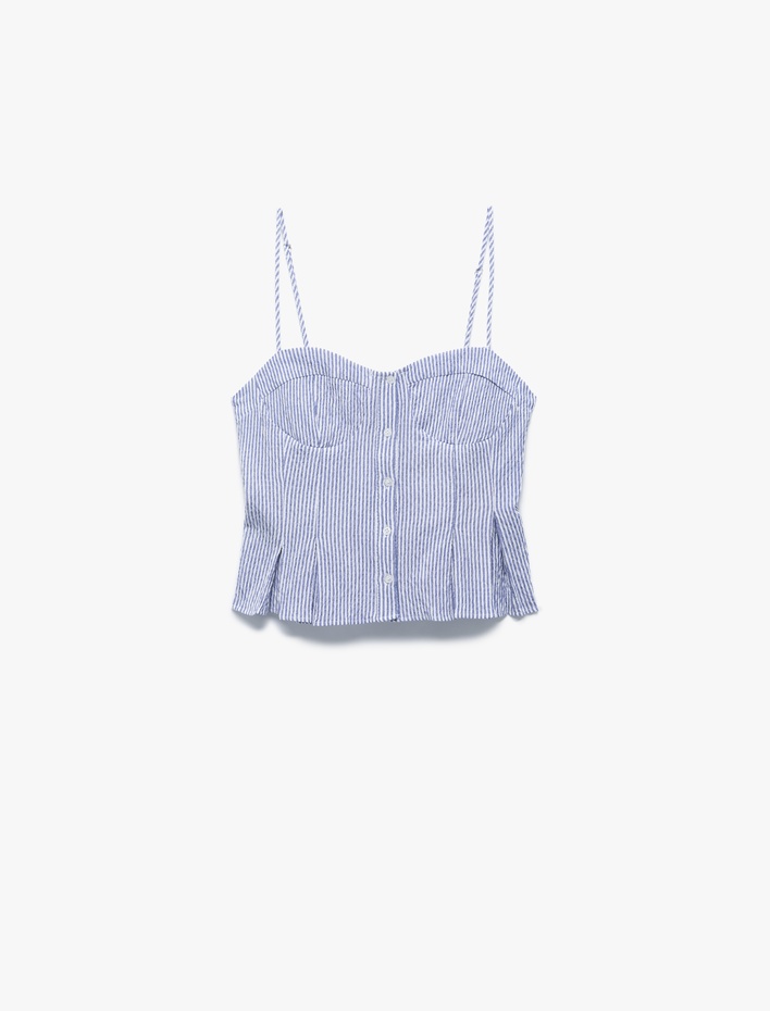  Koton X İnji - Kalp Yaka Düğmeli Kolsuz Çizgili Crop Bluz