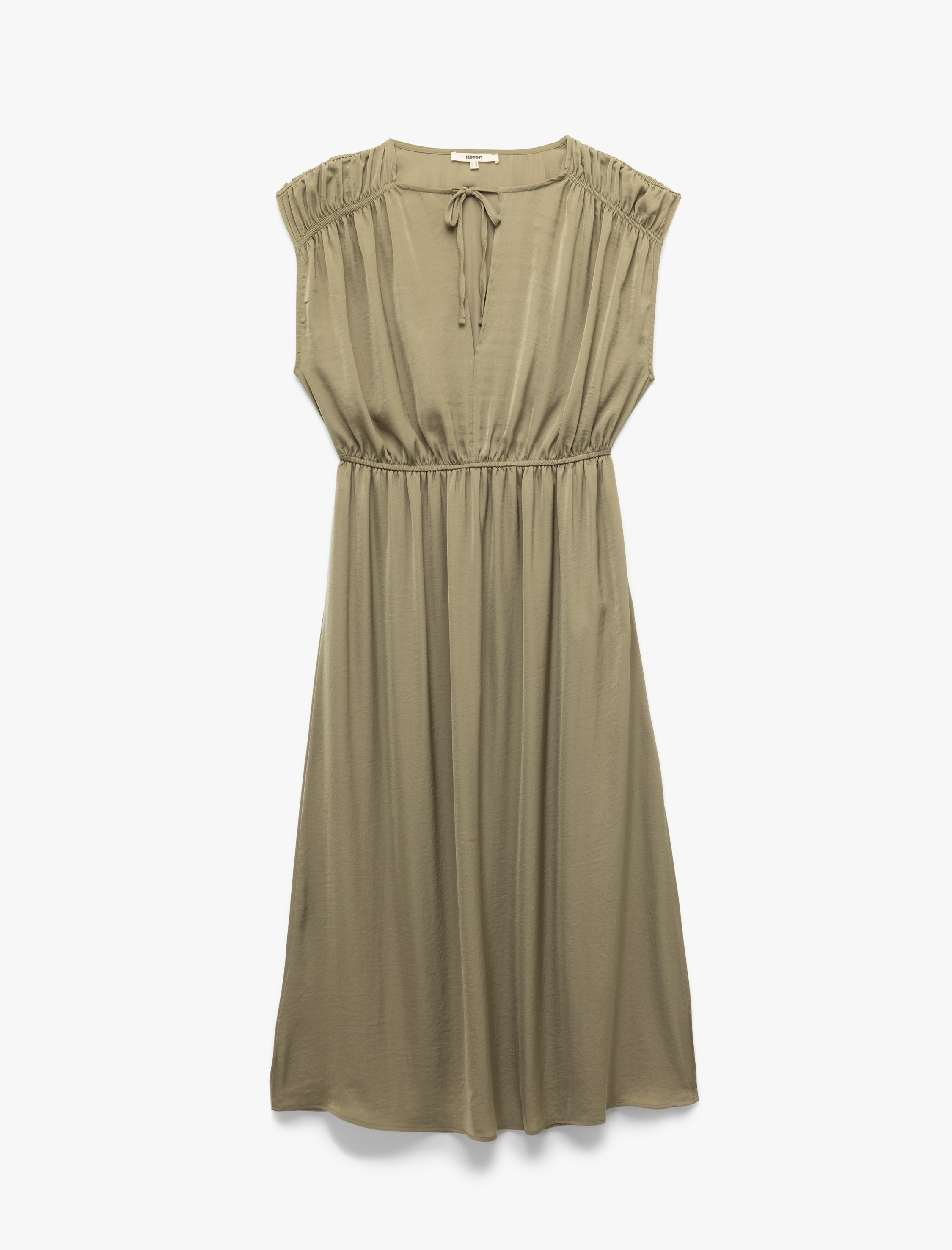   Bağlamalı Yaka Kolsuz Midi Boy Büzgülü Saten Elbise