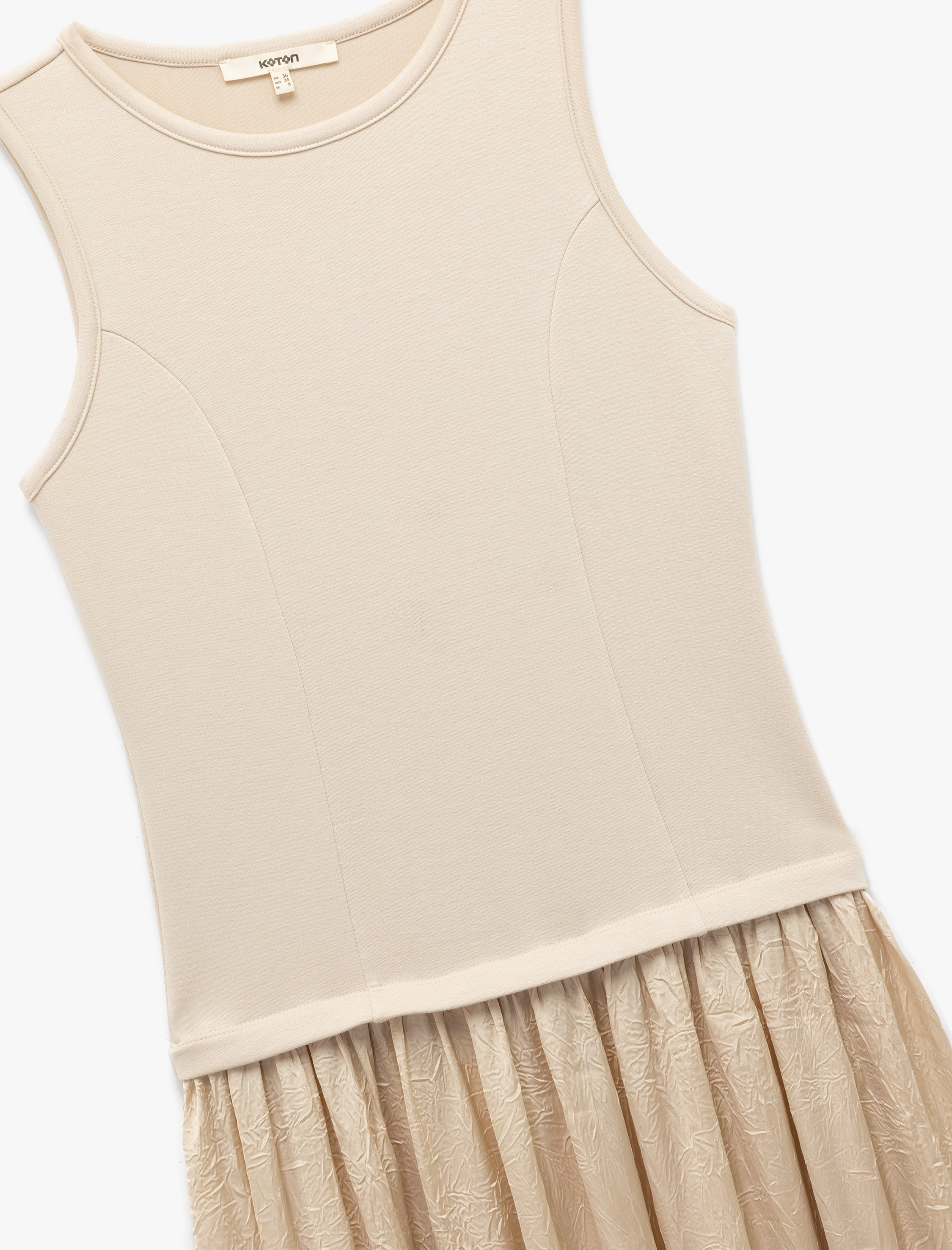   İki Farklı Kumaş Kullanımlı Kolsuz Bisiklet Yaka Saten Midi Boy Elbise