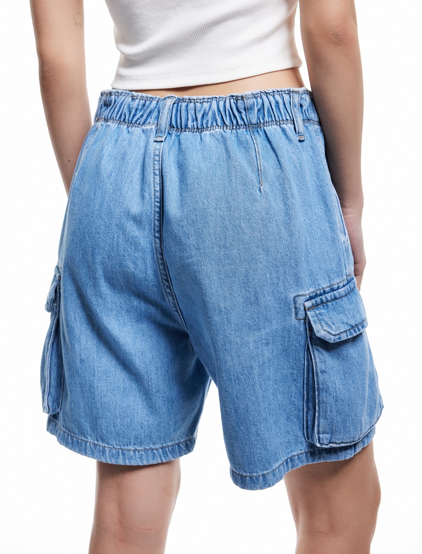   Denim Kargo Bermuda Şort Cepli Standart Bel
