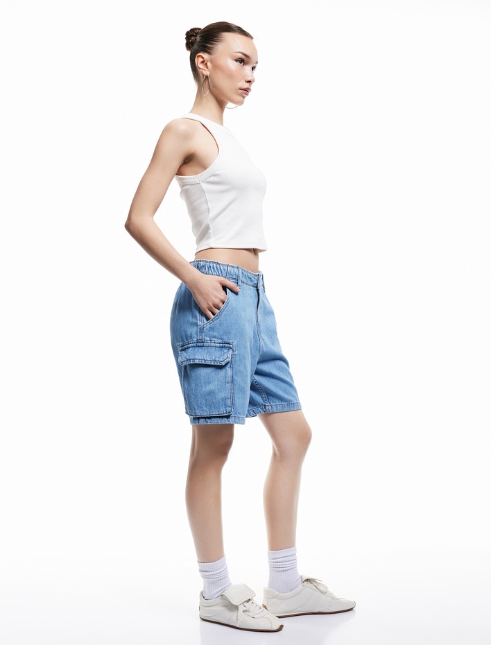  Denim Kargo Bermuda Şort Cepli Standart Bel