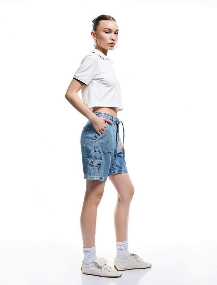  Kot Şort Kargo Cepli Yüksek Bel Bağcık Detaylı