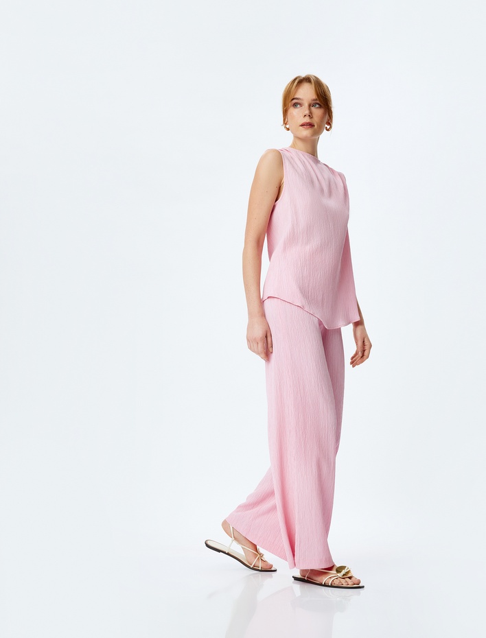  Dokulu Yüksek Bel Rahat Kalıp Geniş Paça Pantolon