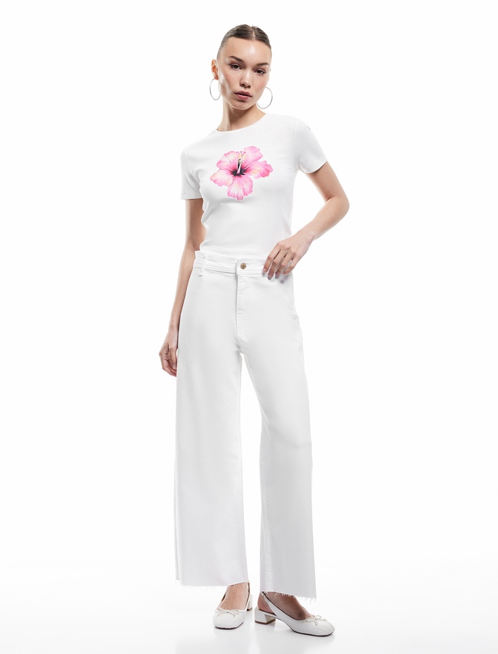  Cep Detaylı Düğmeli Pamuklu Crop Geniş Paça Denim Pantolon - Culotte Jean