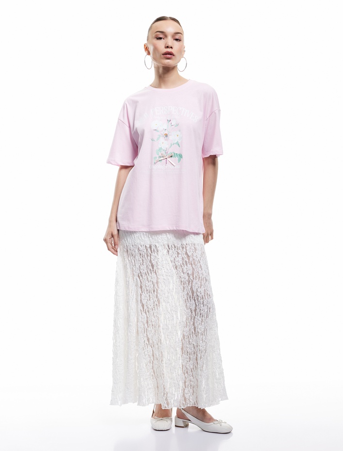  Kısa Kollu Bisiklet Yaka Pamuklu Fiyonklu Baskılı Tişört