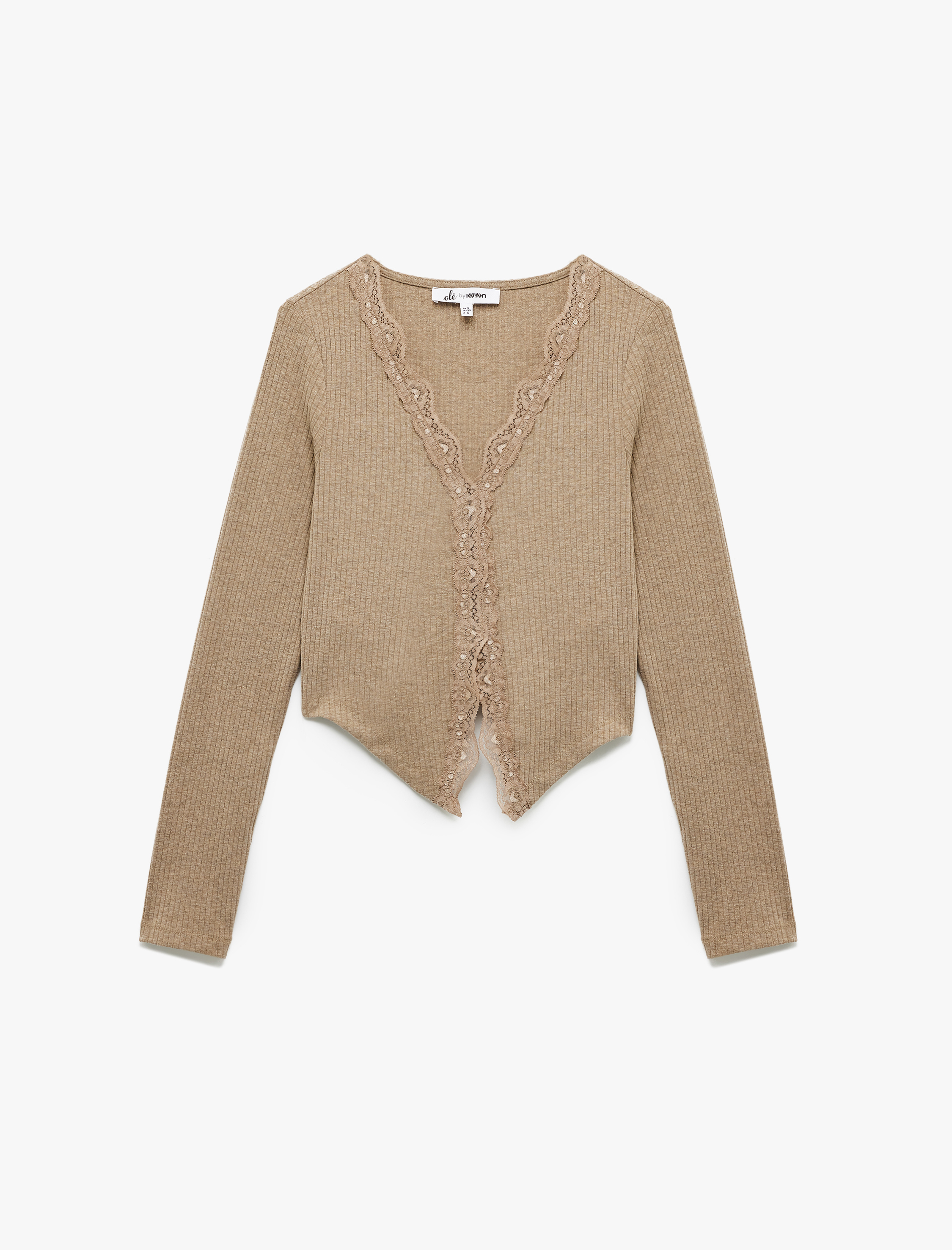   Kaşkorse Dantel Detaylı V Yaka Uzun Kollu Düğmeli Asimetrik Crop Tişört