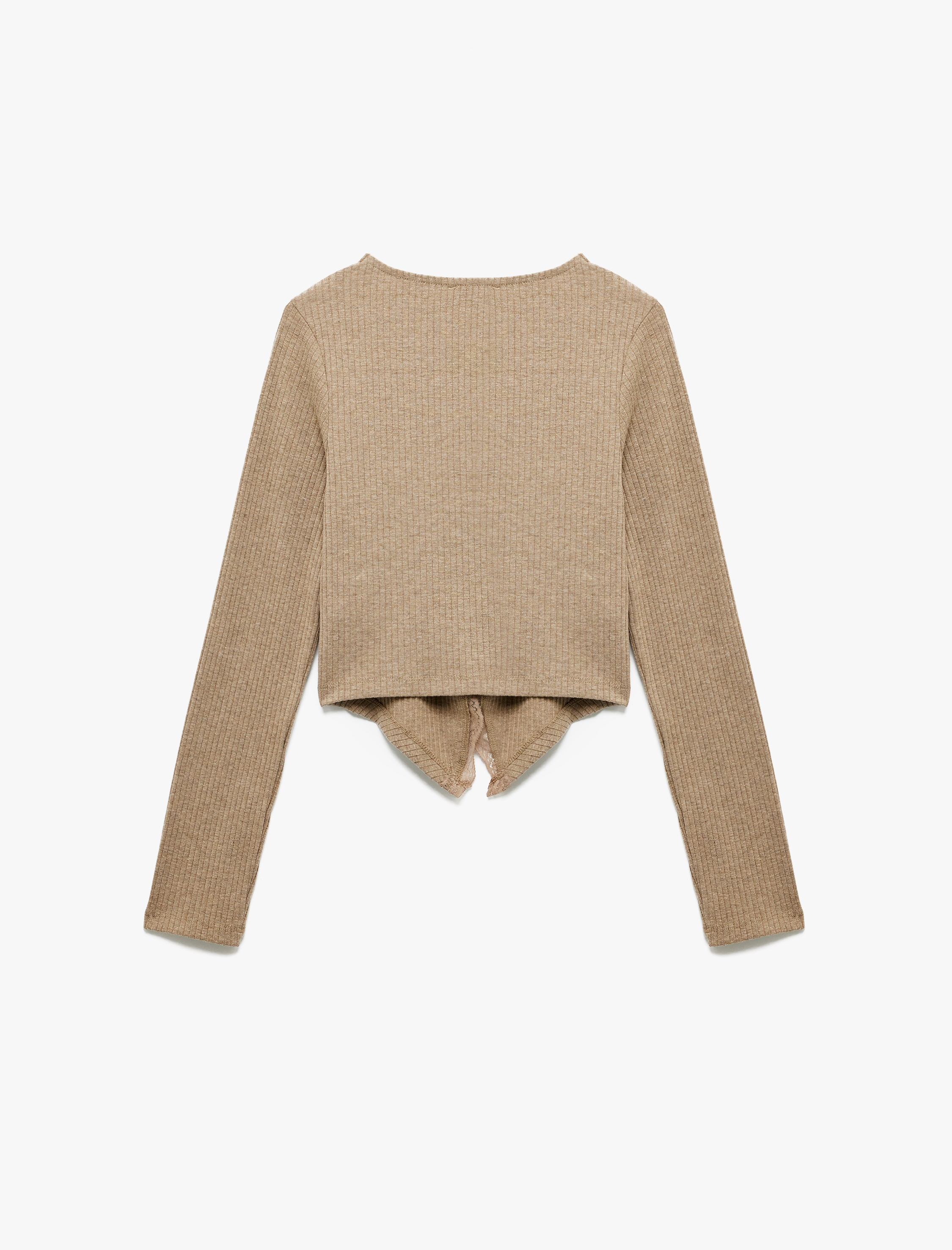   Kaşkorse Dantel Detaylı V Yaka Uzun Kollu Düğmeli Asimetrik Crop Tişört