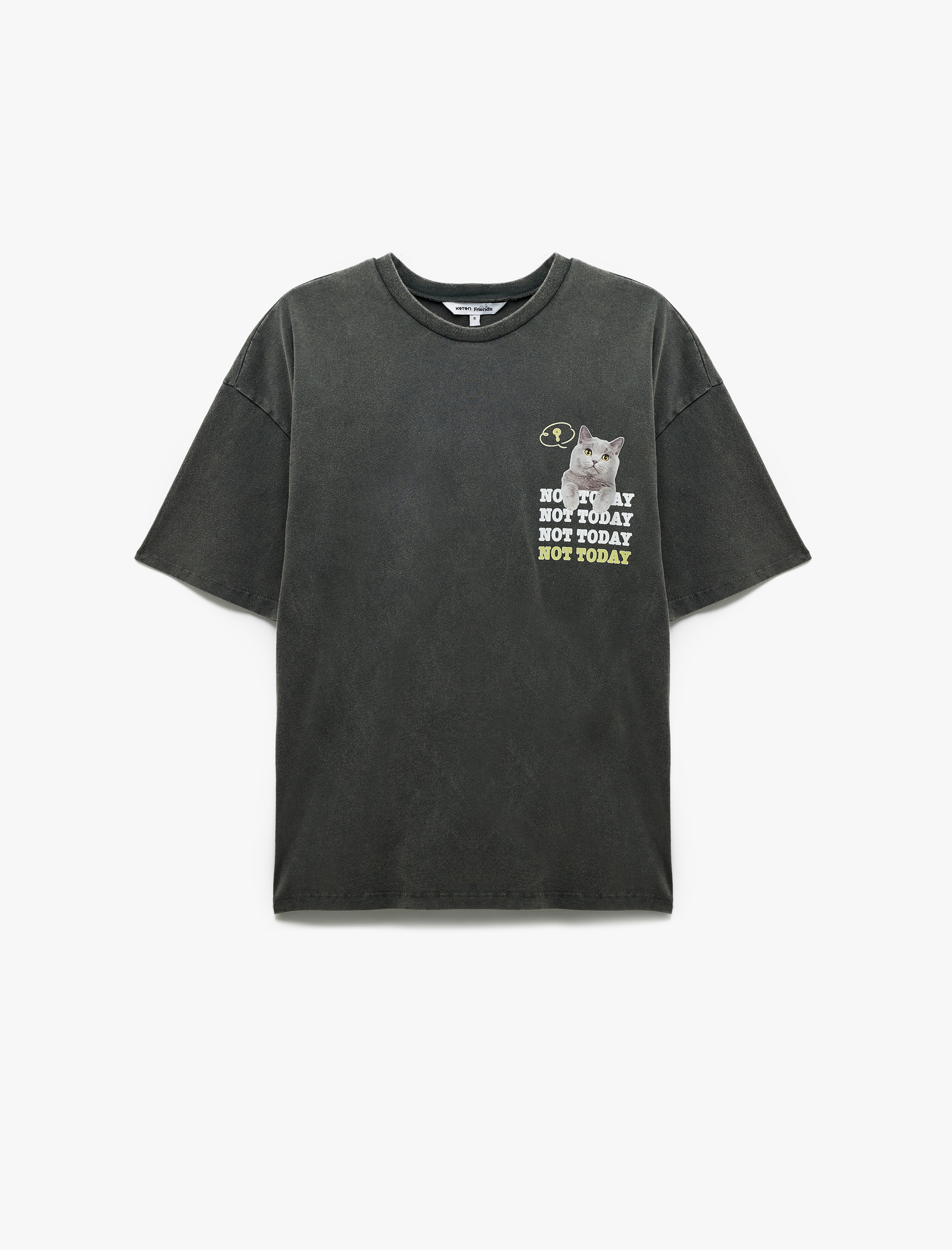   Kısa Kollu Bisiklet Yaka Pamuklu Yıkamalı Arkası Kedi Baskılı Oversize Tişört