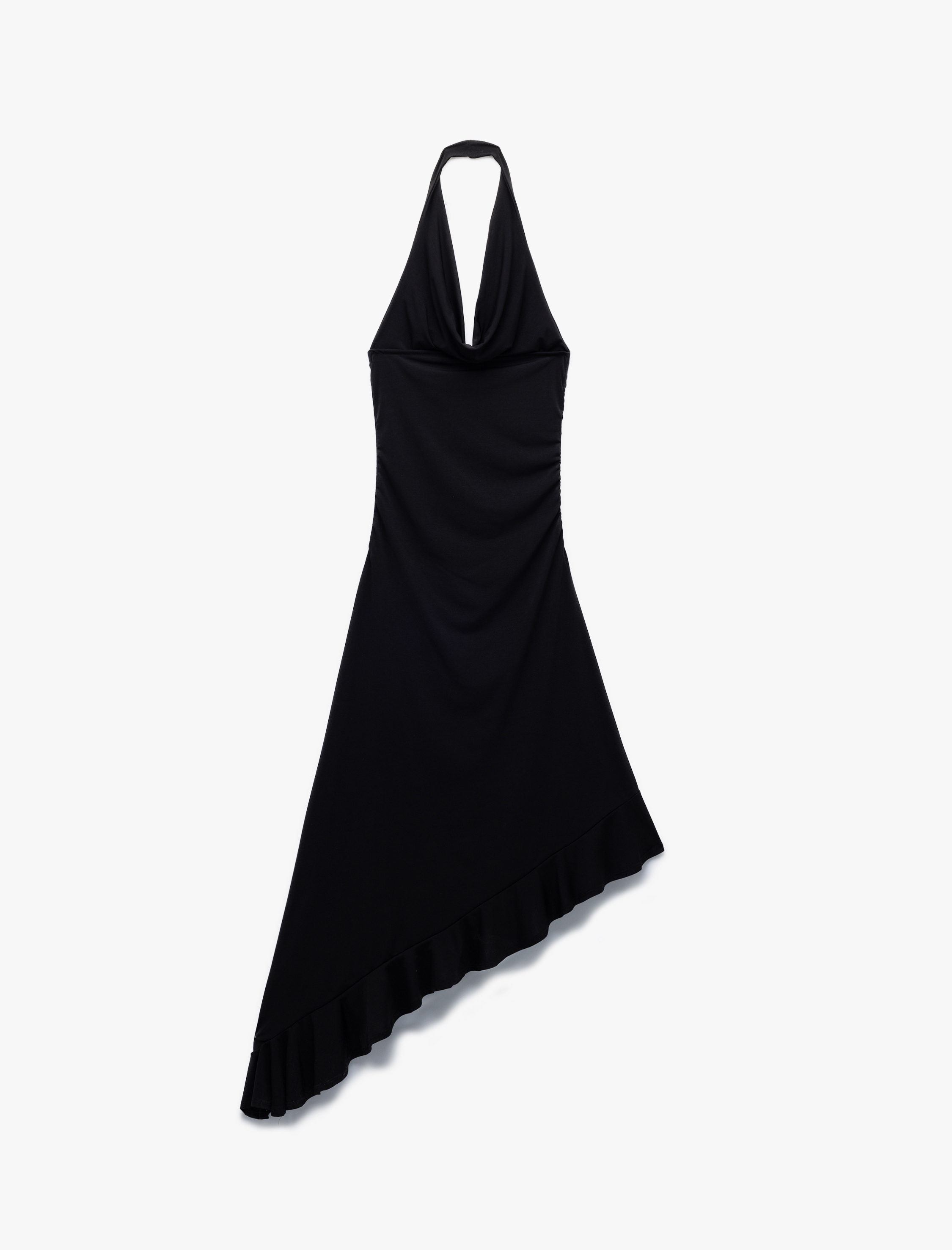   Degaje Yaka Asimetrik Kolsuz Drapeli Midi Elbise