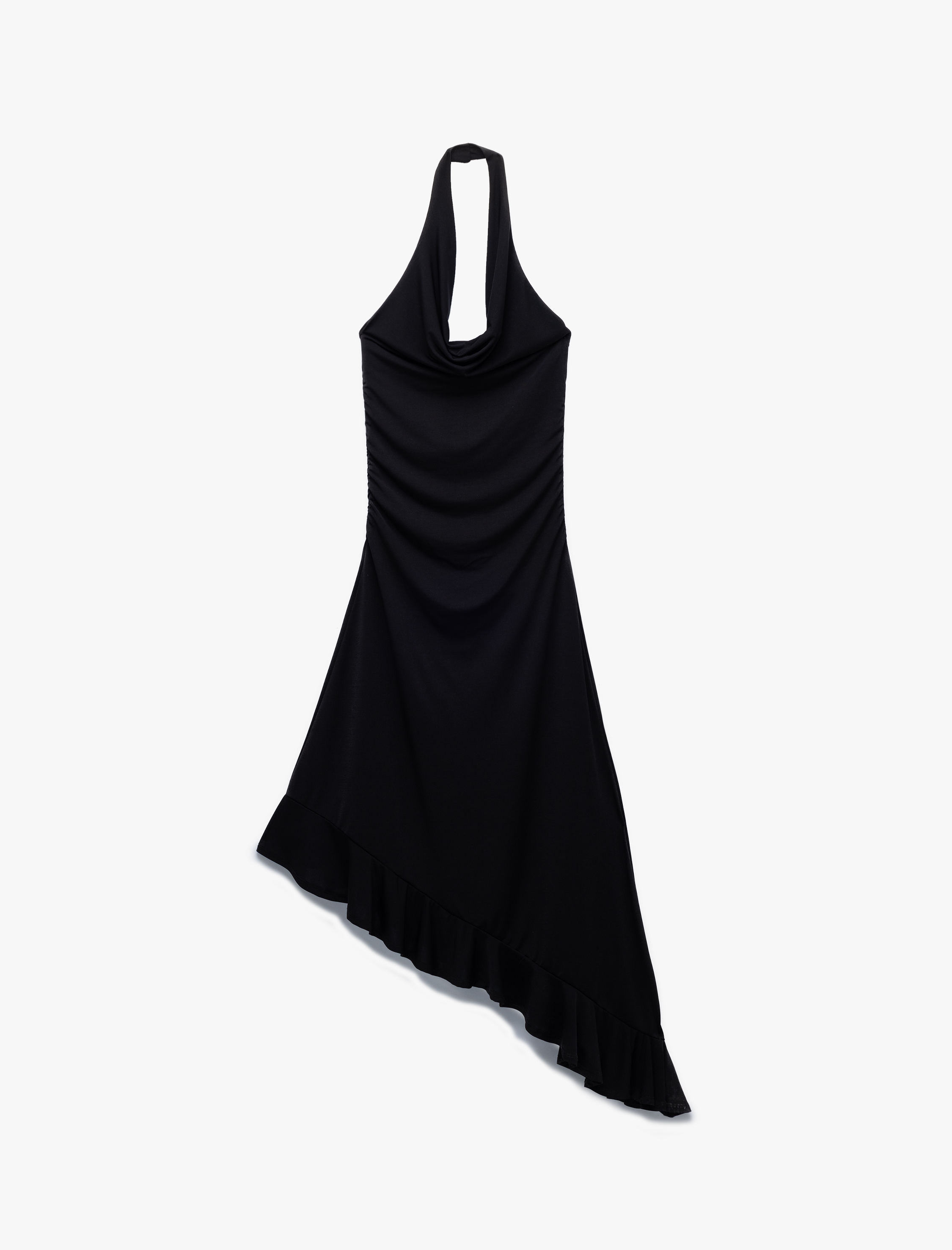   Degaje Yaka Asimetrik Kolsuz Drapeli Midi Elbise