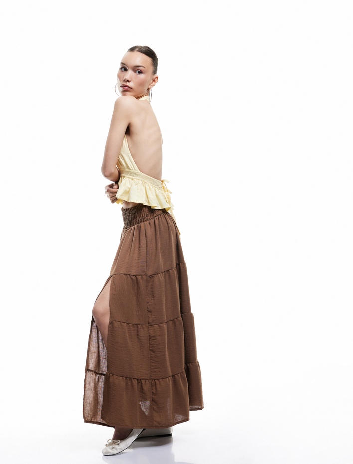  Gipeli Asimetrik Rahat Kesim Katlı Uzun Etek