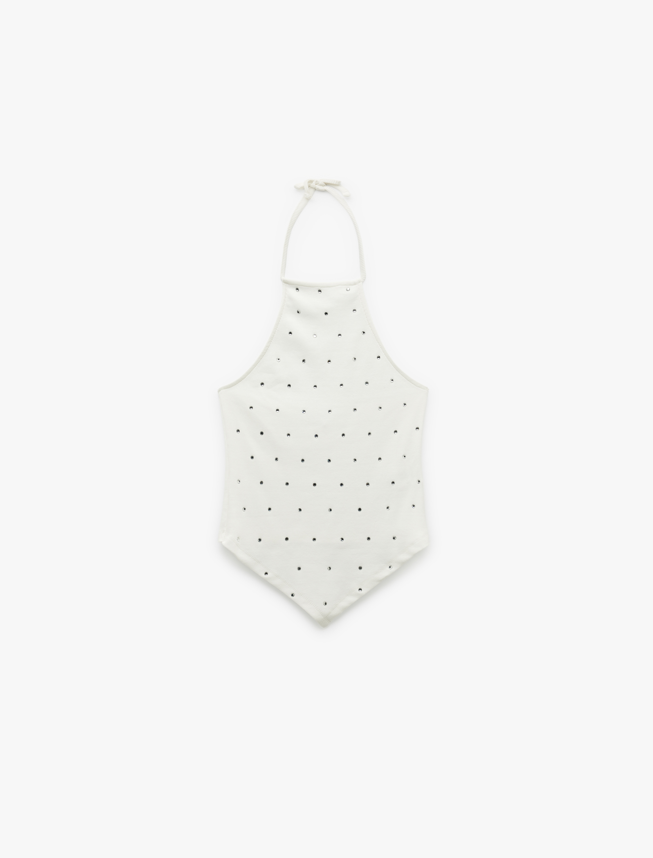   Taş Detaylı Slim Fit Asimetrik Boyundan Bağlamalı Kolsuz Halter Yaka Bluz