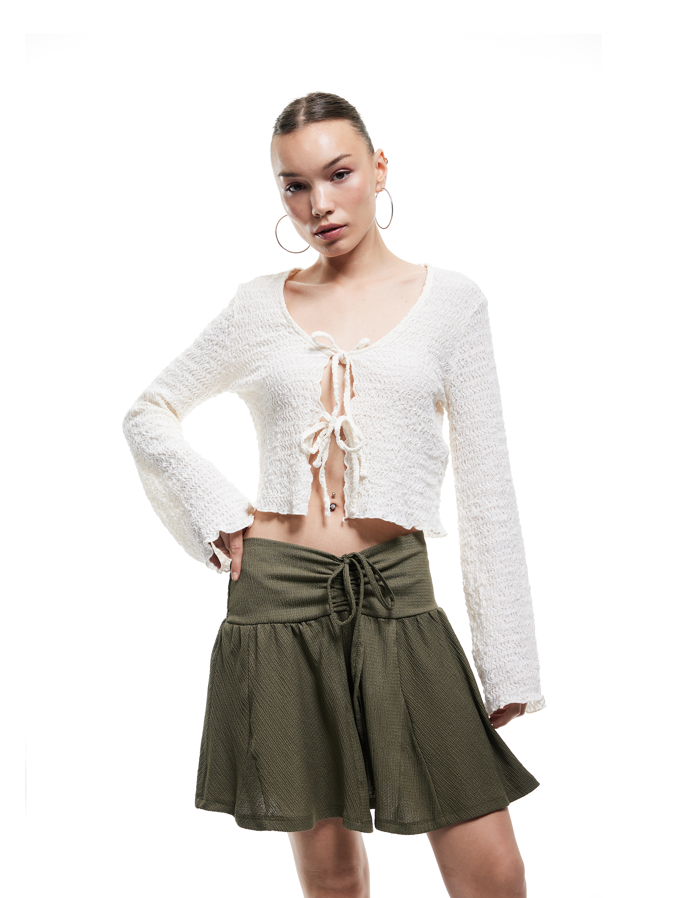   Bürümcük Kumaş Beli Bağcıklı Büzgülü A Kesim Mini Etek