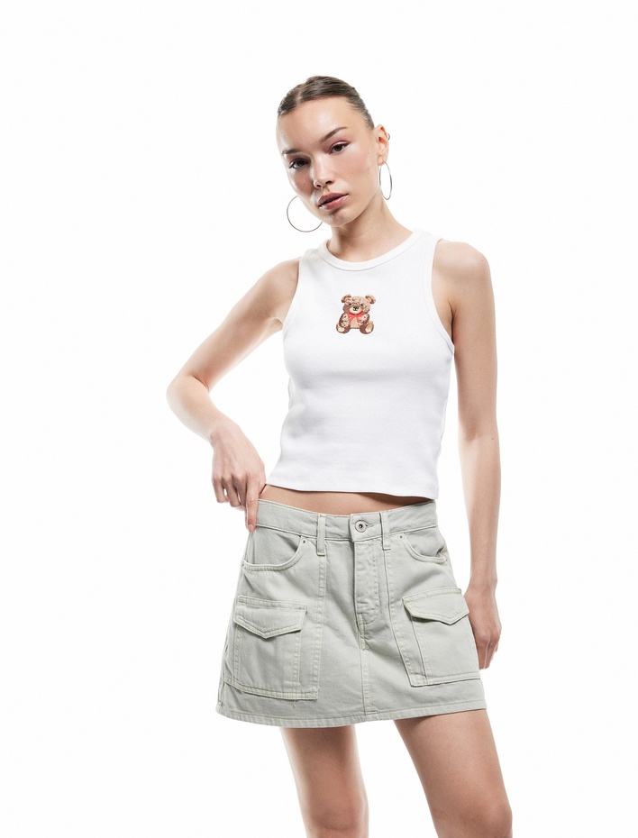  Kargo Cep Detaylı Düğmeli Pamuklu Mini Şort Etek