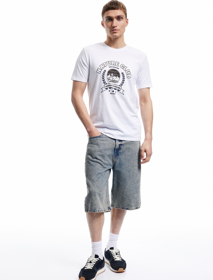  Kısa Kollu Bisiklet Yaka Pamuklu Baskılı Slim Fit Tişört