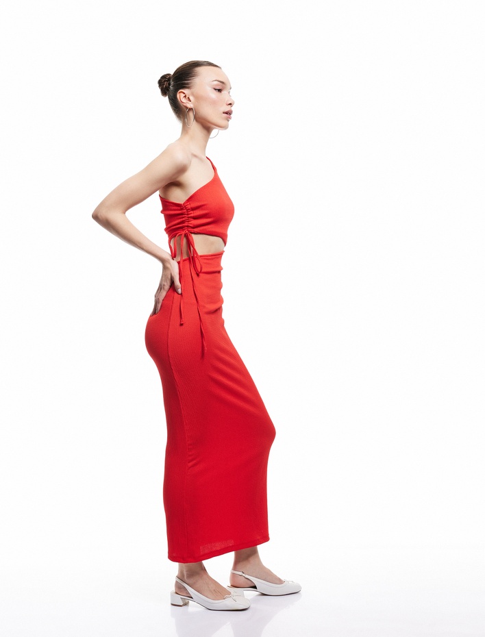  Asimetrik Tek Omuz Pencere Detaylı Midi Elbise Bürümcük