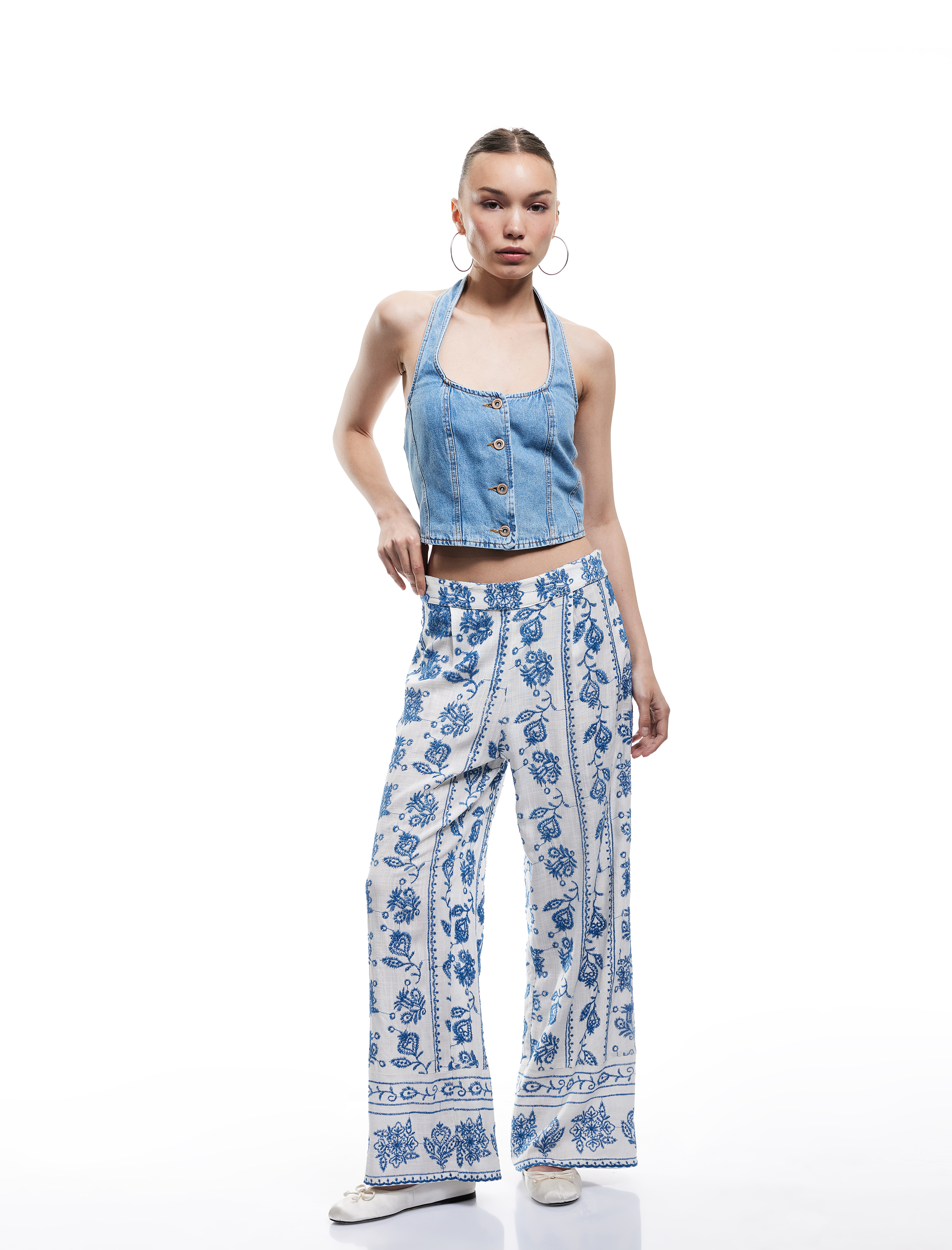   Beli Lastikli Çiçekli Geniş Paça Viskon Pantolon