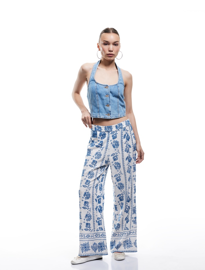  Beli Lastikli Çiçekli Geniş Paça Viskon Pantolon