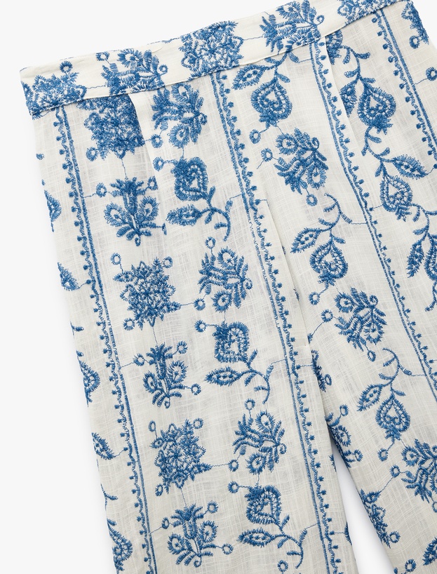 Beli Lastikli Çiçekli Geniş Paça Viskon Pantolon_4