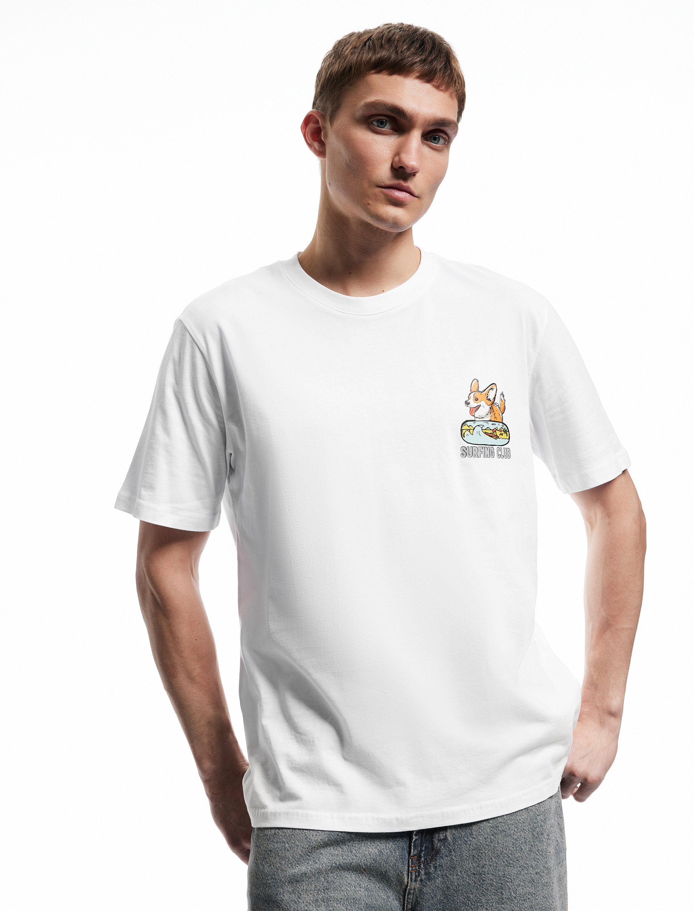   Kısa Kollu Pamuklu Regular Fit Bisiklet Yaka Köpek Baskılı Tişört