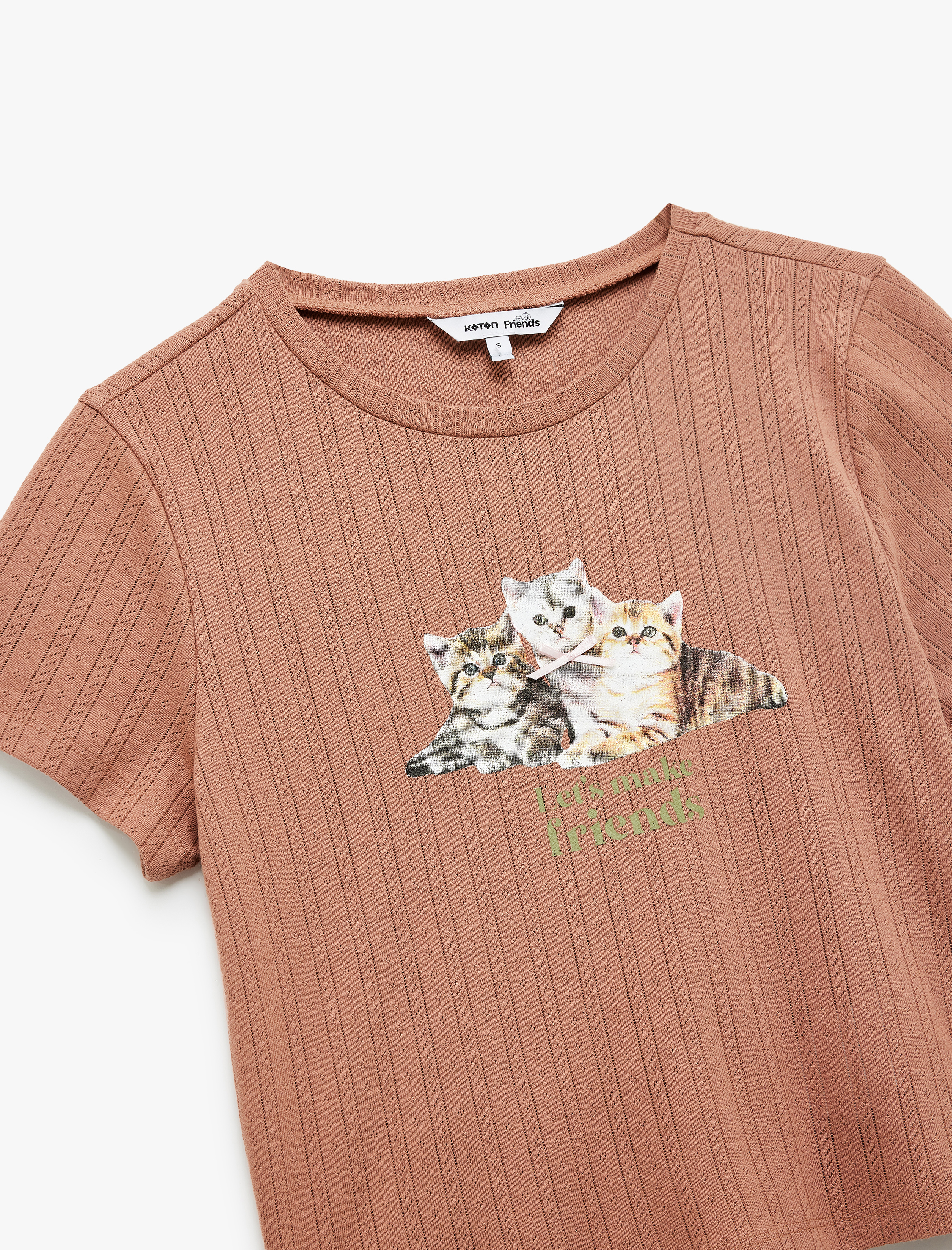   Bisiklet Yaka Kısa Kollu Dokulu Kedi Baskılı Tişört