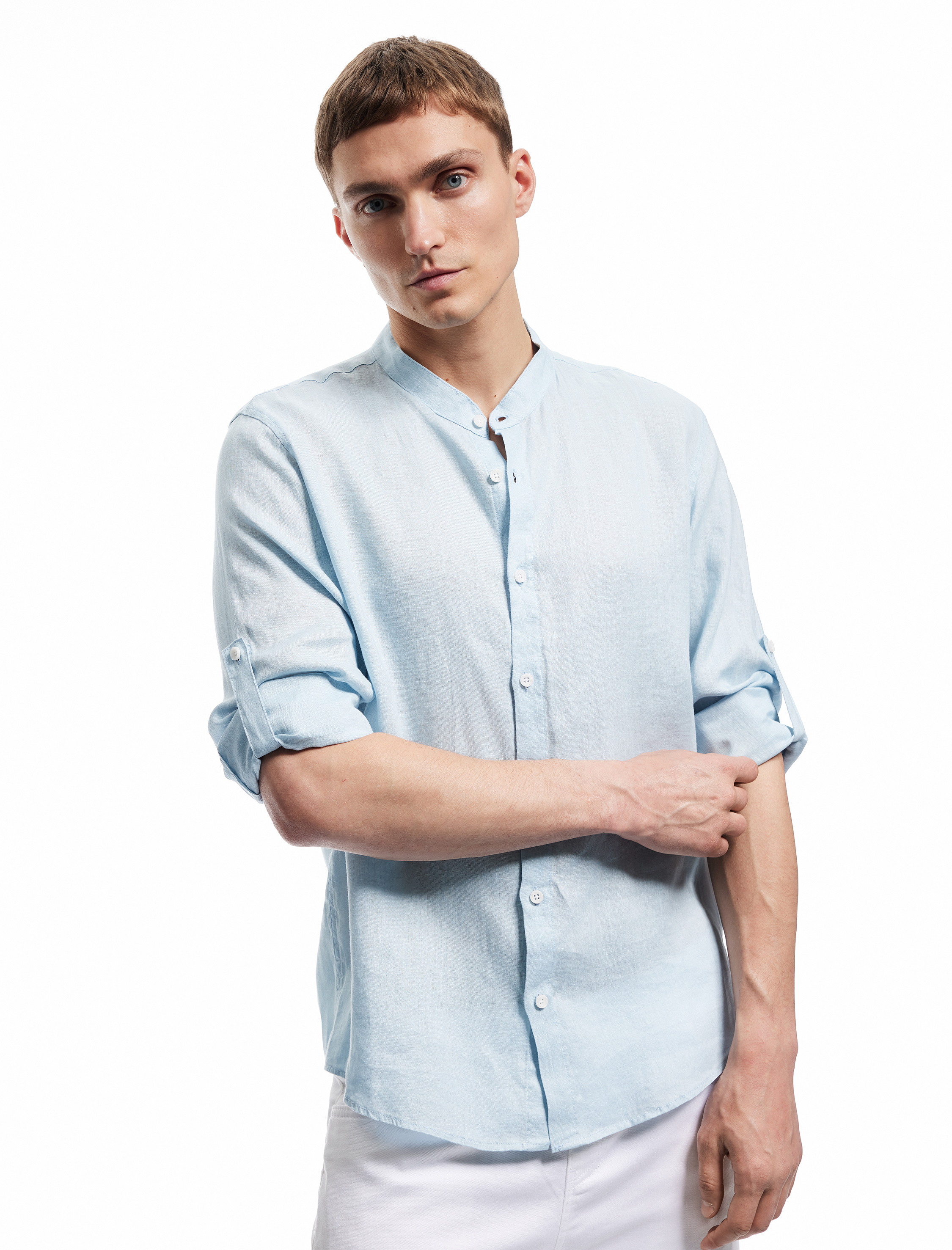   Uzun Kollu Regular Fit Hakim Yaka Keten Gömlek