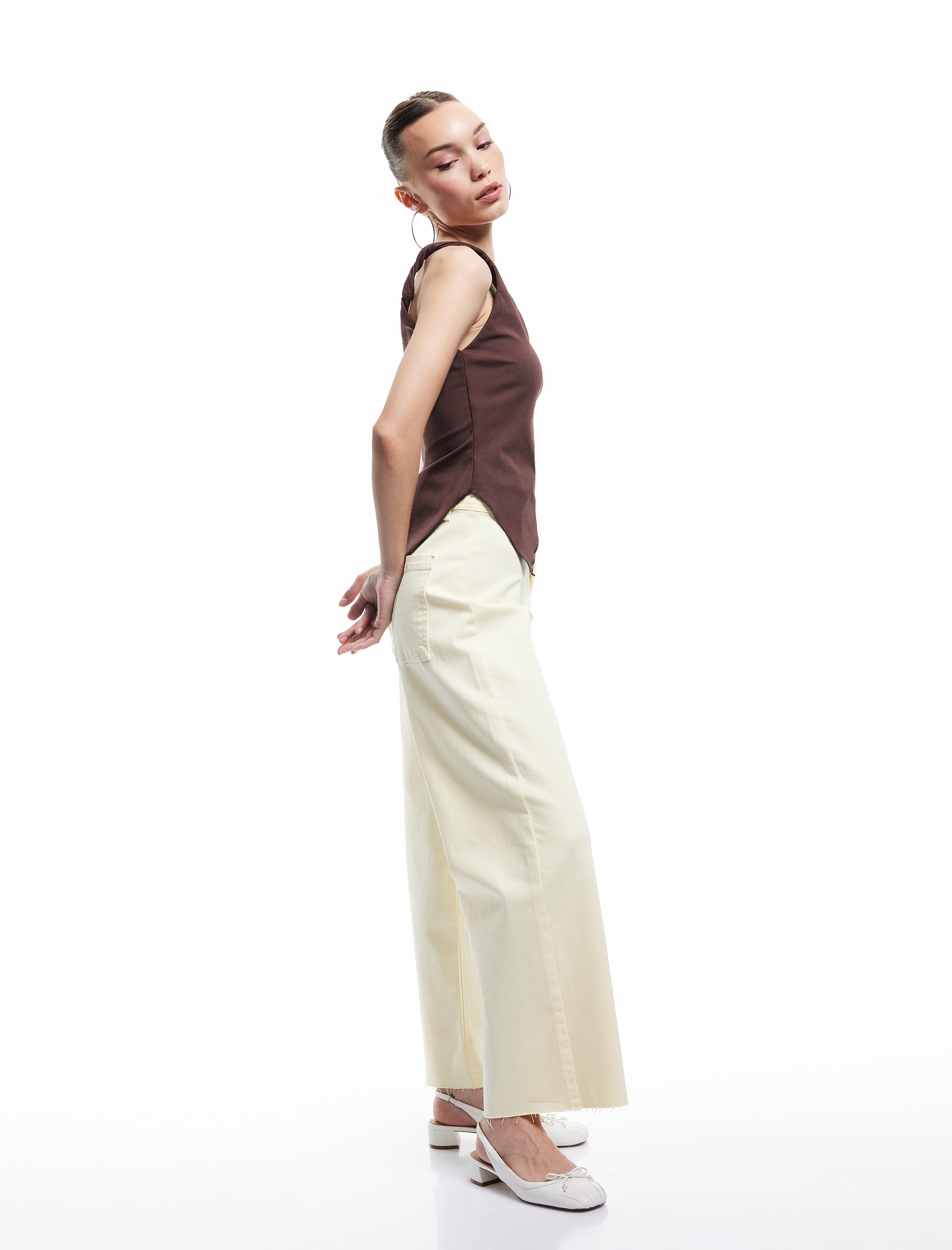   Pamuklu Geniş Kalıp Cepli Düğmeli Crop Geniş Paça Denim Pantolon - Culotte Jean