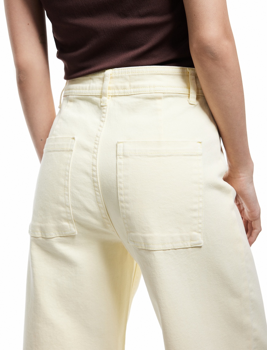   Cep Detaylı Düğmeli Pamuklu Crop Geniş Paça Denim Pantolon - Culotte Jean