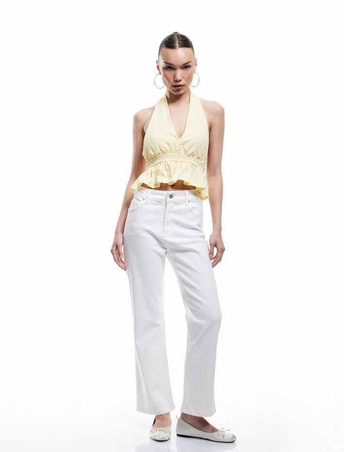  Pamuklu Düğmeli Cepli Dar Kalıp Yüksek Bel Bootcut Jean Pantolon - Kick Flare Jean