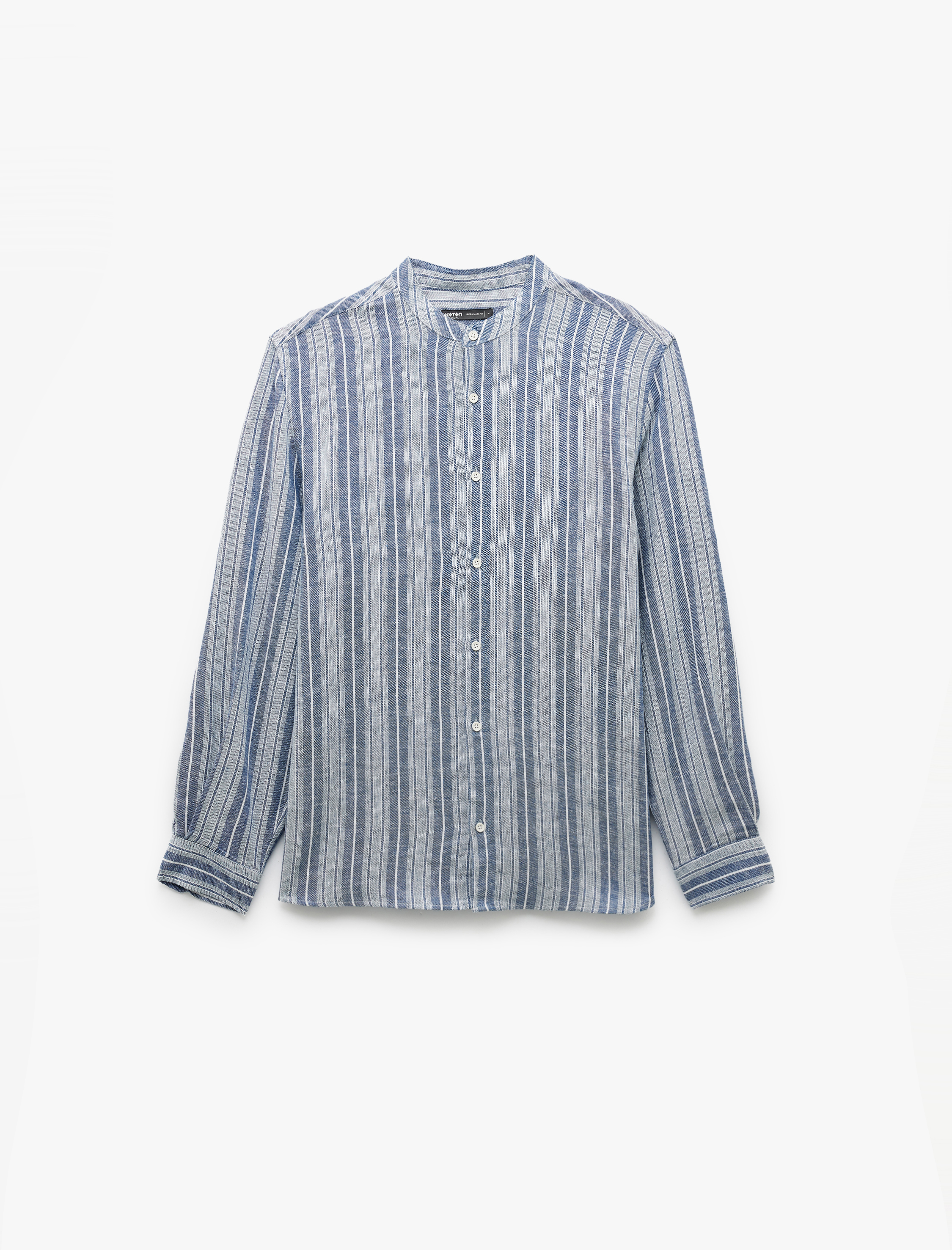   Keten Viskon Karışımlı Regular Fit Düğmeli Uzun Kollu Çizgili Hakim Yaka Gömlek