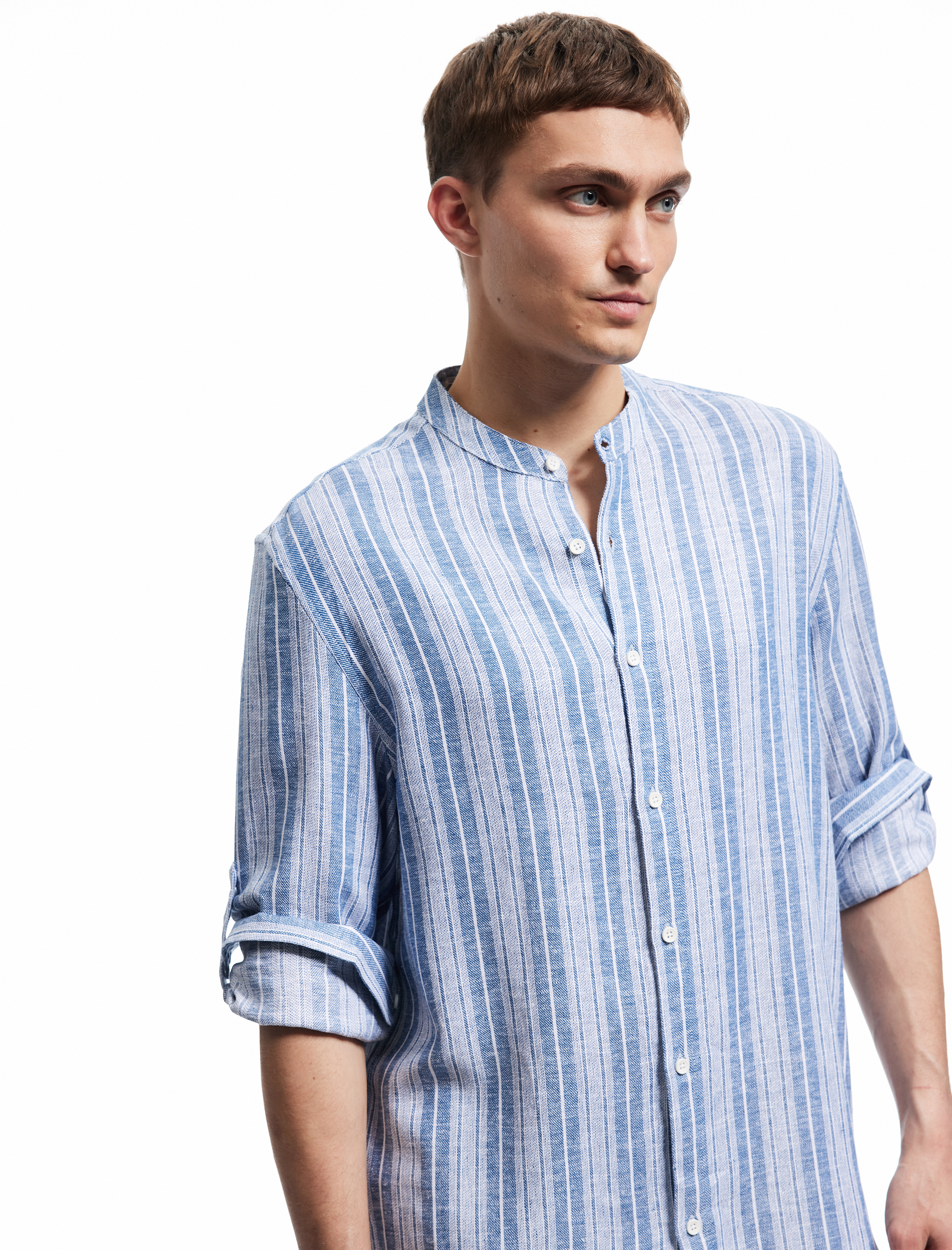   Keten Viskon Karışımlı Regular Fit Düğmeli Uzun Kollu Çizgili Hakim Yaka Gömlek