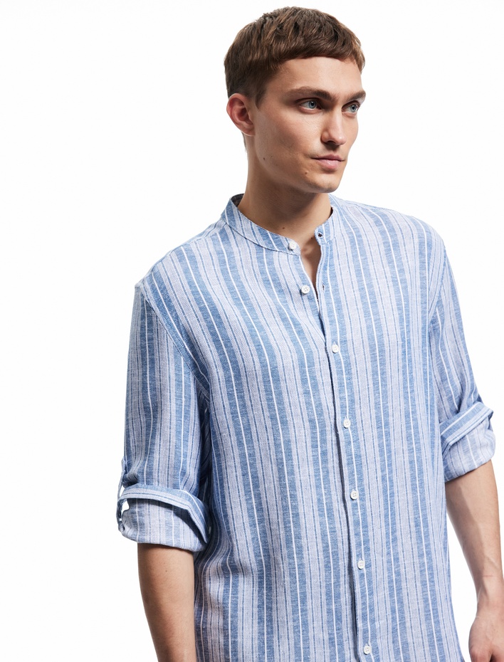  Keten Viskon Karışımlı Regular Fit Düğmeli Uzun Kollu Çizgili Hakim Yaka Gömlek